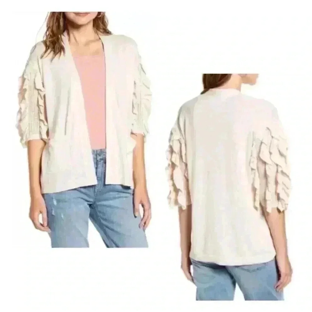 Rachel Parcell Ruffle Pointelle Short Sleeve Cardigan Sweater Size M